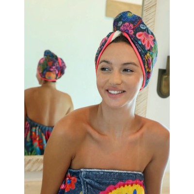 Hair Towel Wrap Charcoal Folk Flower
