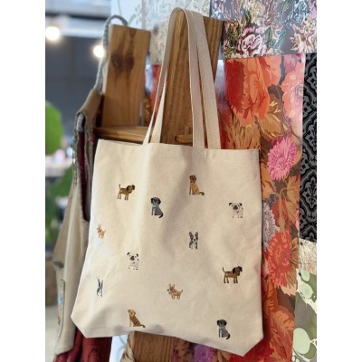 Embroidered Canvas Tote Cream Dog