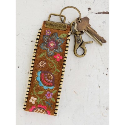 Key Fob Embroidered Brown Floral