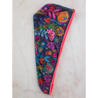 Hair Towel Wrap Charcoal Folk Flower